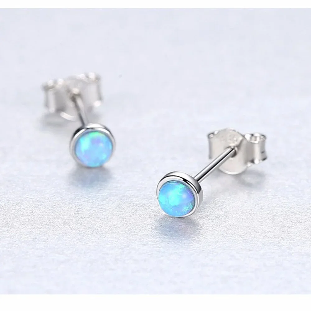 925 Sterling Silver 3mm Round  Opal Stud Earrings - Picture 5 of 5